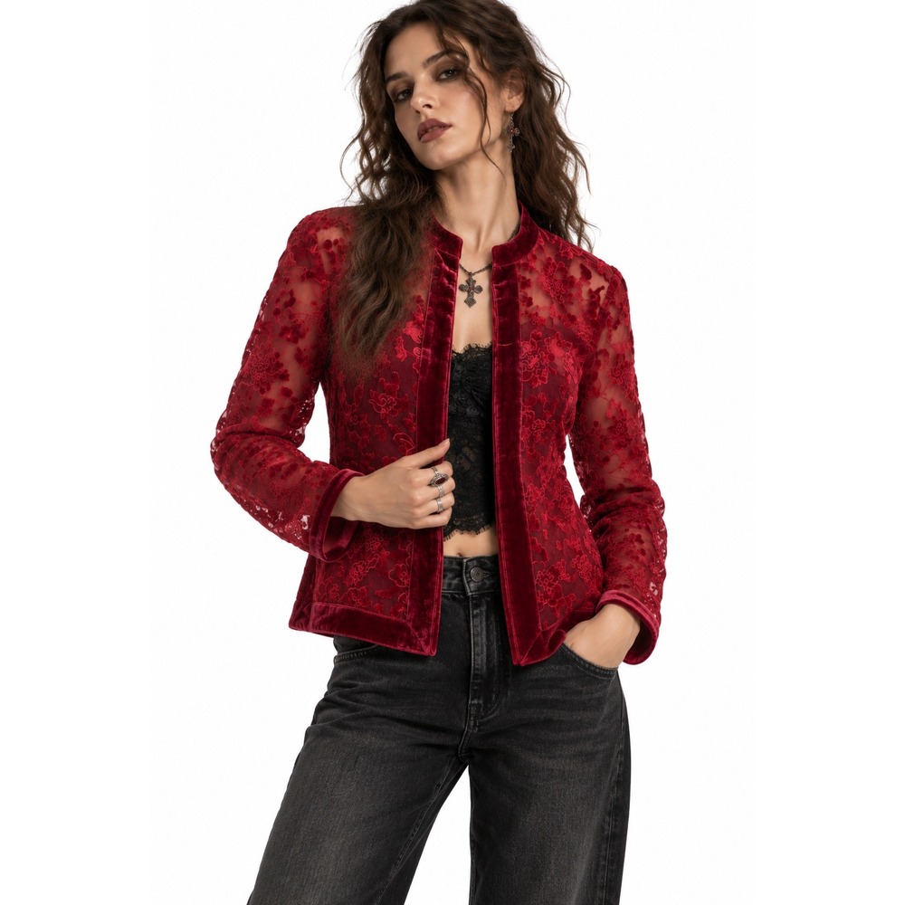Chico's Red Burnout Velvet Floral Jacket Large Open Mandarin Dark Romantic Fairy